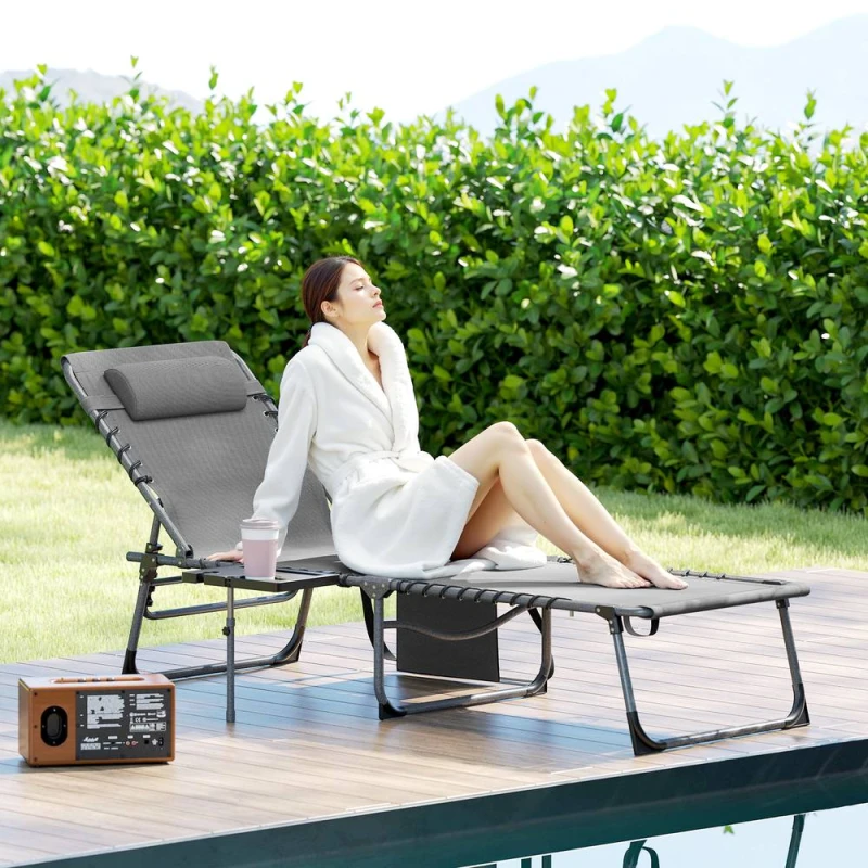 Image of Outsunny Folding Sun Lounger with 5-Level Reclining Back, Side Table, Grey 84G-721V00GY