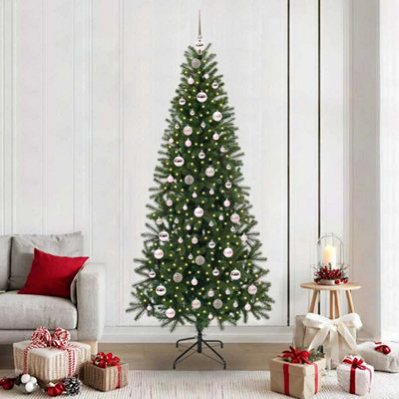 Image of vidaXL Artificial Christmas Tree with 300 LEDs, Pink Balls Green 210 x 105cm PE and PVC, Green 3397369