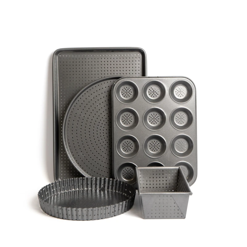 Image of Masterclass 5pc Crusty Bake Non-Stick Bakeware Set with 25cm Quiche Tin, 32cm Pizza Crisper, 12-Hole Yorkshire Pudding Tray, 2lb Loaf Pan and 32cm Bak