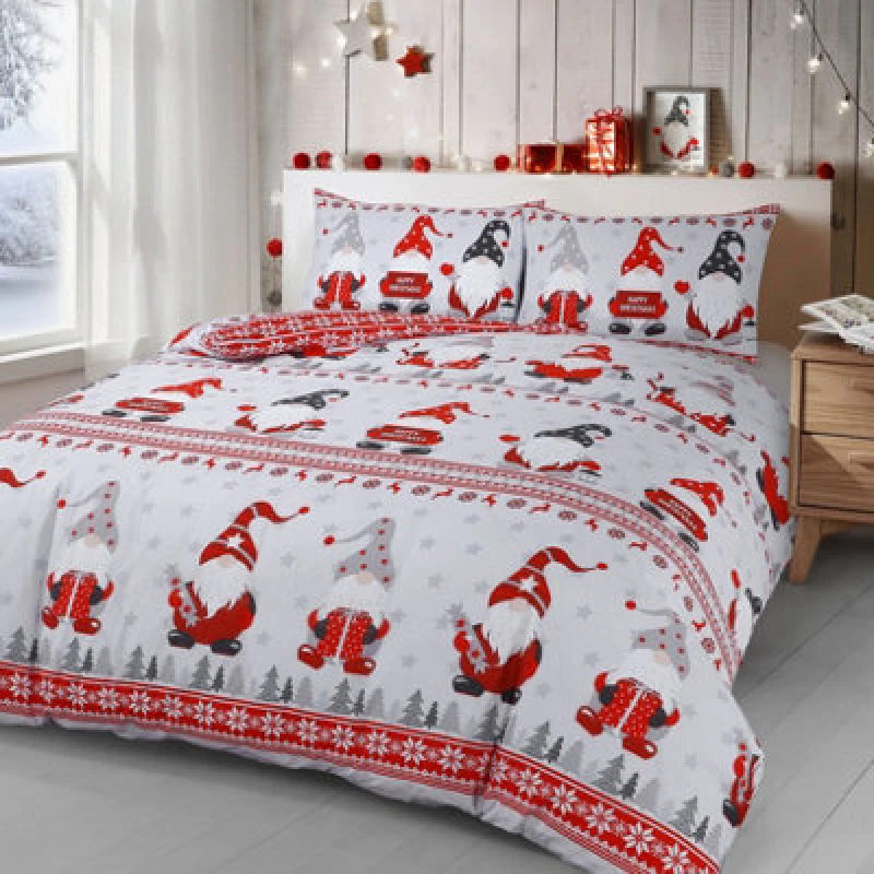 Image of Velosso Xmas Gonks Cotton Rich Printed Duvet Cover & Pillowcase Set in Red Size: Double Red Unisex Double
