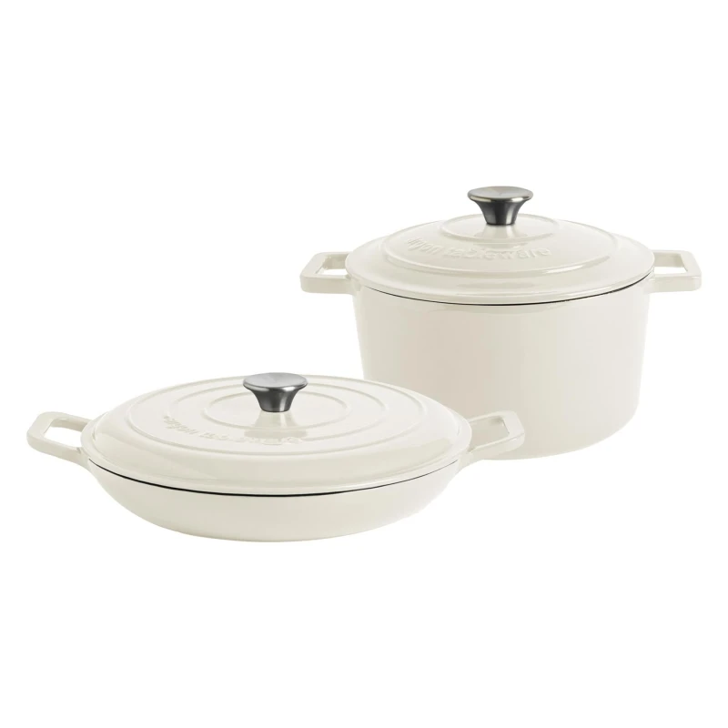 Image of Argon Tableware 2pc Cast Iron Casserole Dish Set with Self-Basting Lids 2.3L & 4.68L in Off-White Off-White Unisex