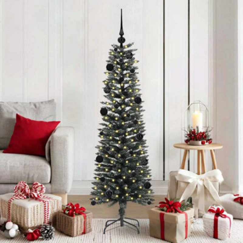 Image of vidaXL Artificial Christmas Tree with 150 LEDs, Black Balls Green 43 x 43 x 150 cm, Green 3395929