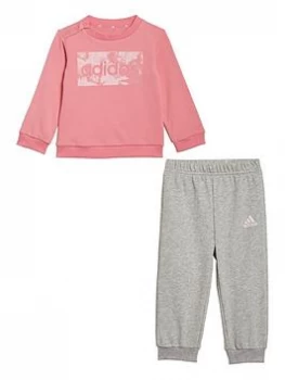 Image of Adidas Infant Girl's Linear Logo Crew & Jog Pant Set, Pink/Grey, Size 3-6 Months, Women