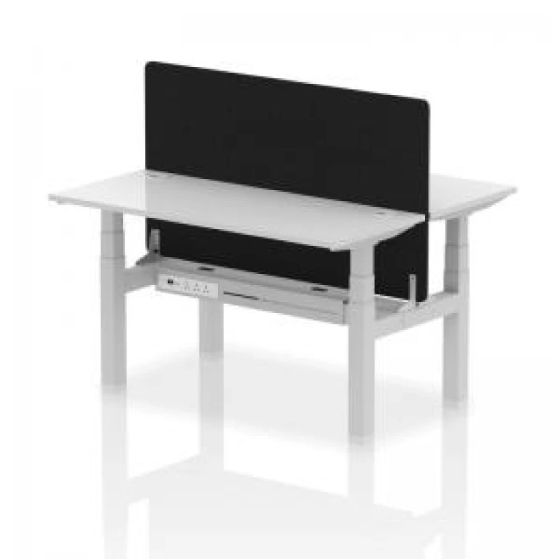 Image of Air Back - to - Back 1400 x 600mm Height Adjustable 2 Person Bench Office Desk White Top - Cable Ports Silver Frame - Black Straight Screen