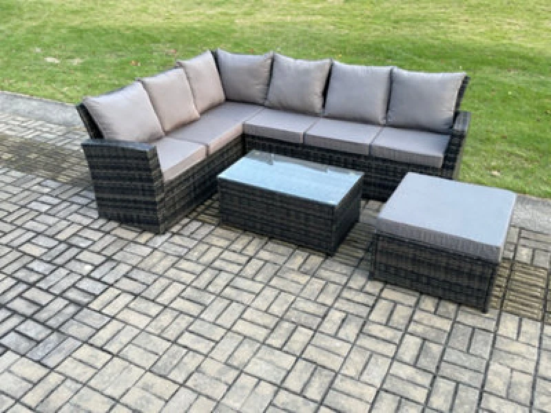 Image of Fimous 7 Seater Outdoor Furniture Garden Dining Set Rattan Corner Sofa Set with Rectangular Coffee Table Big Footstool Dark Grey