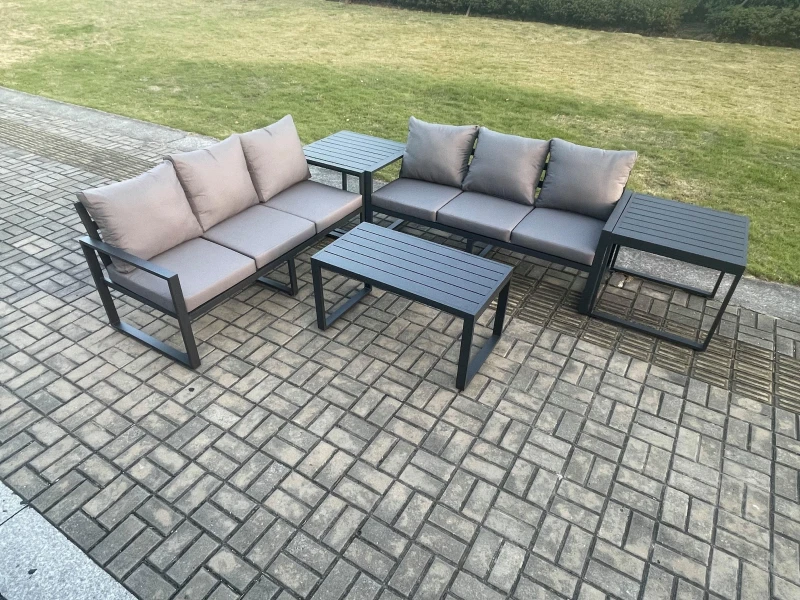 Image of Fimous Aluminium 5 Pieces Outdoor Garden Furniture Lounge Sofa Set with Oblong Coffee Table 2 Side Tables Dark Grey Dark Grey Unisex