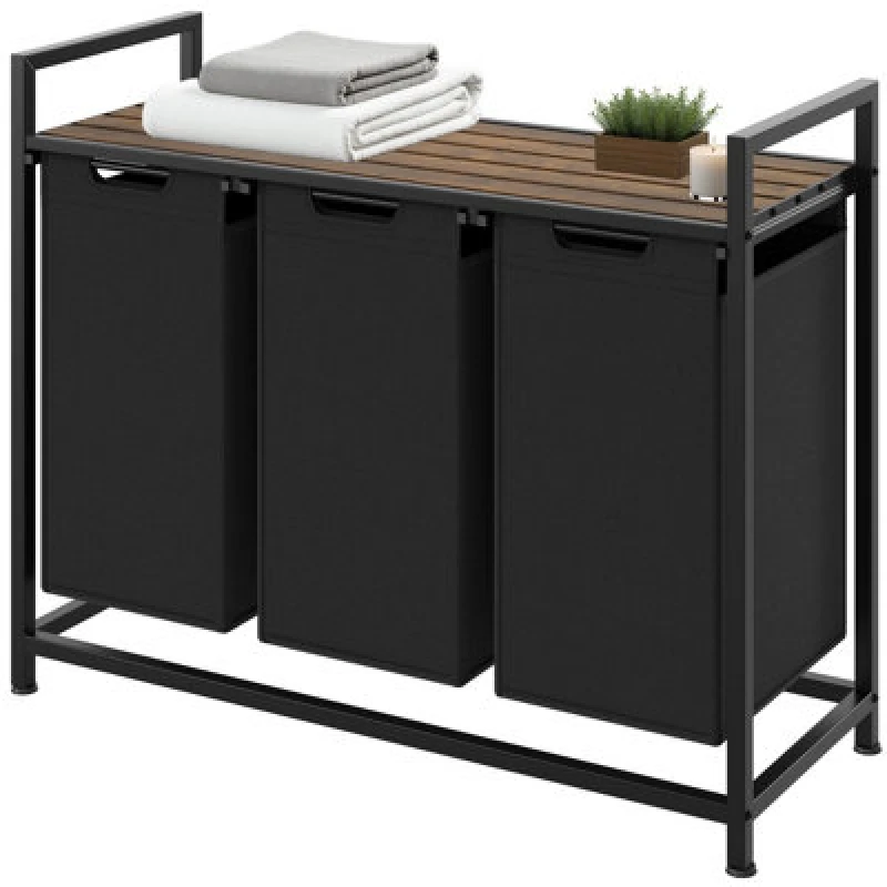 Image of Tectake Dual Laundry Basket - 2 Pull Out Compartments, Wooden Folding Shelf & High Capacity Rectangle 38 L 34 X 93.5 X 72cm - Black/brown