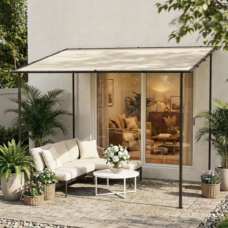 Image of OUTSUNNY 3 x 2m Lean to Garden Pergola, Metal Frame Gazebo Pergola, Cream Size: 3m x 2m Cream Unisex 3m x 2m