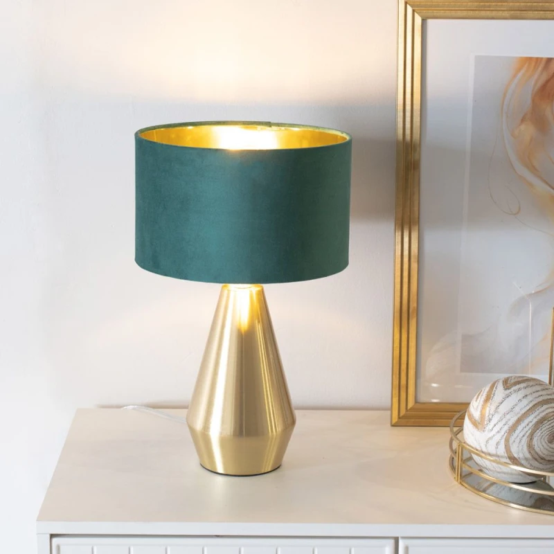 Image of ValueLights ValueLights Jax Gold Dimmable Touch Table Lamp with Velvet Drum & Gold Inner Lamp Shade in Bottle Green Bottle Green One Size Unisex 50594