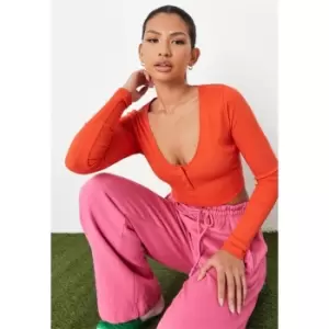 Image of Missguided V Front Popper Ls Crop Top - Red
