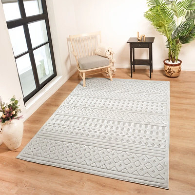 Image of Livabliss In- & Outdoor 3D High & Low Pile Textured White Haruka Area Rug 120 X 170 Cm - Easy To Clean, Perfect For Balcony Or Dining Room
