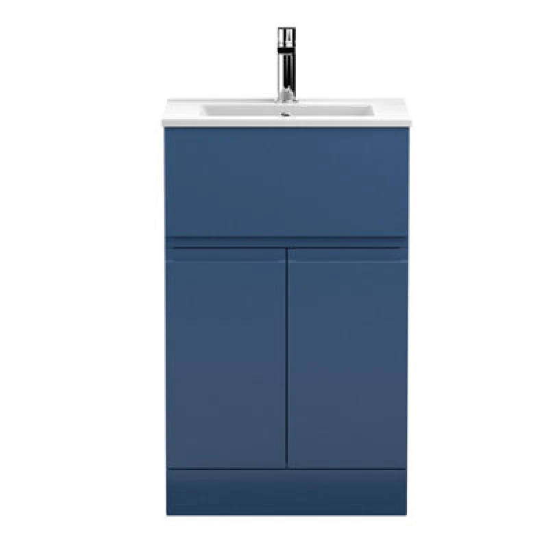 Image of Nuie Hudson Reed Urban Floor Standing 2 Door 1 Drawer Vanity Unit With Minimalist Basin, Modern Vanity Unit In Satin Blue, 500mm