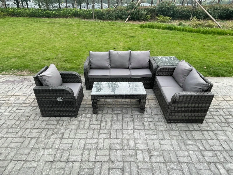 Image of Fimous 6 Seater High Back Rattan Garden Furniture Set with Loveseat Sofa Rectangular Coffee Table Side Table Indoor Outdoor Patio Lounge Sofa Set Dark