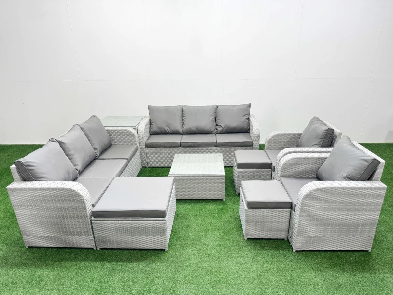 Image of Fimous PE Rattan High Back Lounge Sofa Set Patio Square Coffee Table & Chairs Set with 3 Seater Sofa Reclining Chair 3 Stools Side Table Light Grey Li