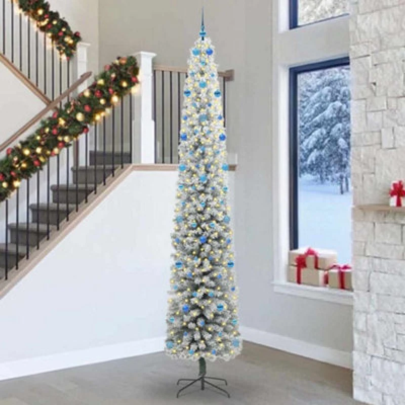 Image of vidaXL Artificial Christmas Tree with 300 LEDs, Blue Balls with Stand Snow Flocked Green 300 cm, Green 3395069