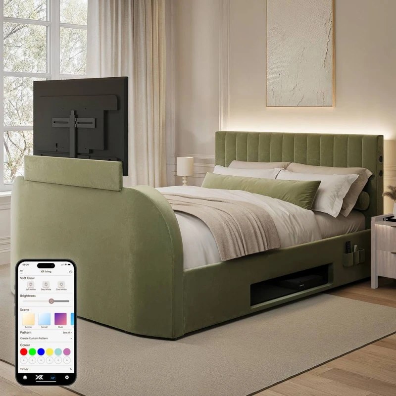 Image of X Rocker Maisie 5.1 Ottoman TV Lift Bed, Surround Sound & App Controlled LED in Olive Size: Double Olive Unisex Double