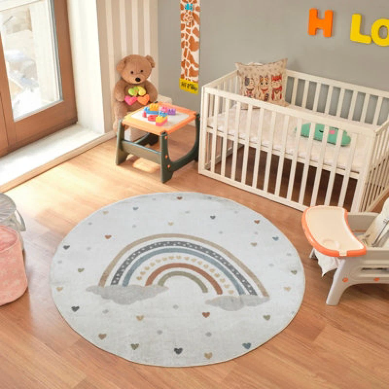 Image of Livabliss Round Kids Machine Washable Multicolour Bedroom Raini-Bow Area Rug 160 X 160 Cm - Easy Care, Soft & Safe Rug For Kids Spaces