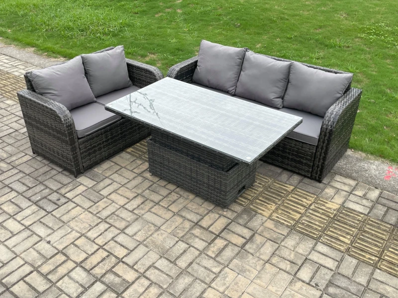Image of Fimous Outdoor Rattan Garden Furniture Sets Height Adjustable Rising lifting Dining Table Lounge Sofa Set Dark Grey Mixed Dark Grey