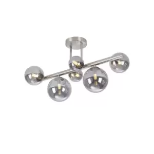 Image of Marshall Semi Flush Ceiling Lamp, 6 Light G9, Satin Nickel, Smoke Plated Glass