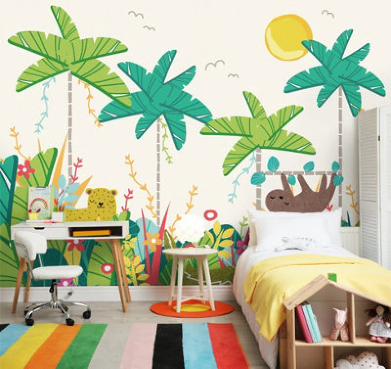 Image of Origin Murals Children's Jungle Animals Green Cream Matt Smooth Paste The Wall 350Cm Wide X 280Cm High