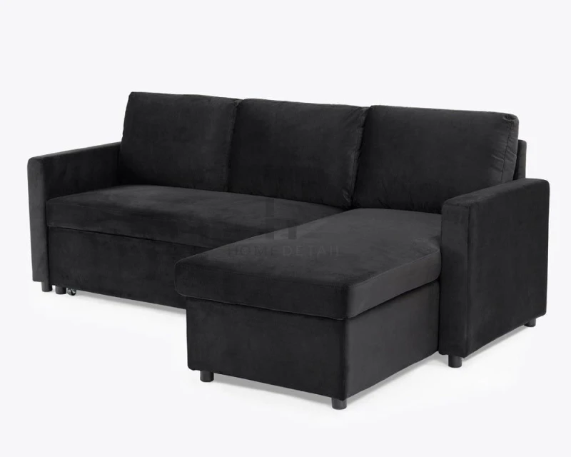 Image of Home Detail Dorset Velvet Pull Out Sofa Bed Reversible Chaise with Underseat Storage Jet Black