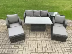 Image of Fimous 5 Seater Outdoor Dark Grey Rattan Lounge Sofa Complete Set with Adjustable Table and 2 Big Footstools