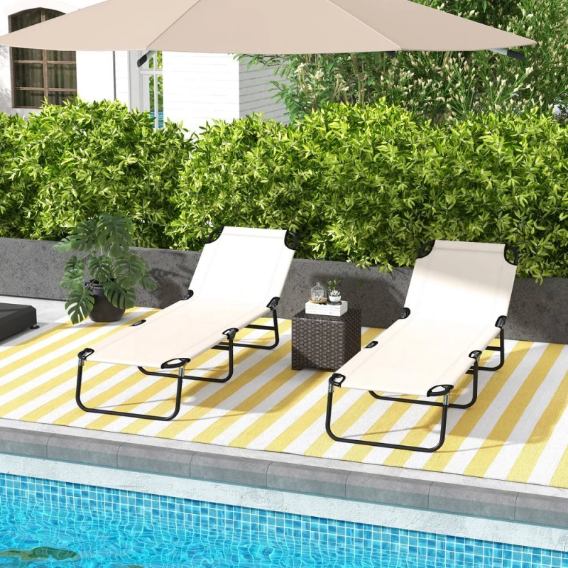 Image of Outsunny 2 Piece Reclining Chaise Lounge with 5-Level Adjustable Backrest Cream White - Outsunny 5056725509699