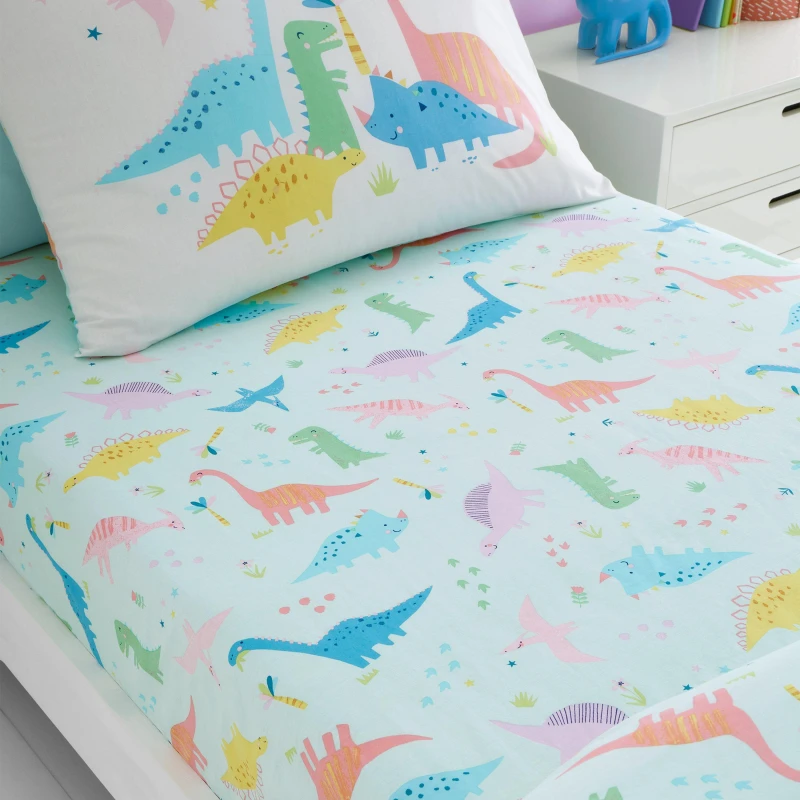 Image of Catherine Lansfield Dinosaur Friends Bed Linen Fitted Sheet Blue