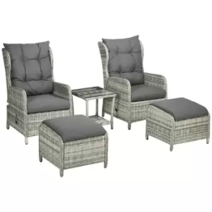 Image of Outsunny 5 Pieces PE Rattan Sun Lounger Set, Outdoor Half-round Wicker Recliner Sofa Bed with Glass Top Two-tier Table and Footstools, Mixed Grey