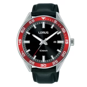 Image of Mens Sports Watch with Black Leather Strap & Black Sunray Dial