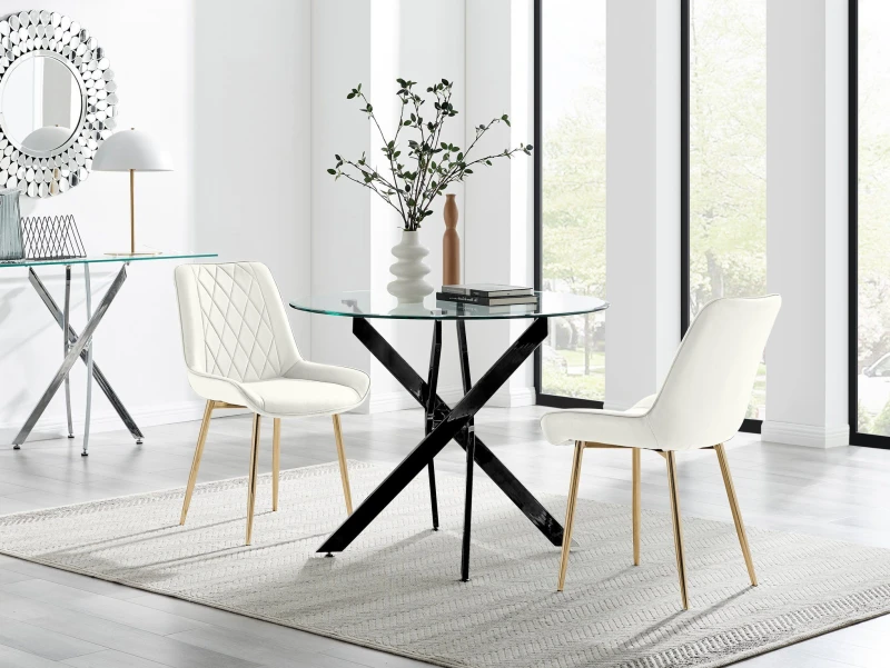 Image of FurnitureboxUK FurnitureboxUK Novara 100cm Round Black Leg Dining Table & 2 Pesaro Gold Leg Chairs in Cream Cream One Size Unisex 5056784304389