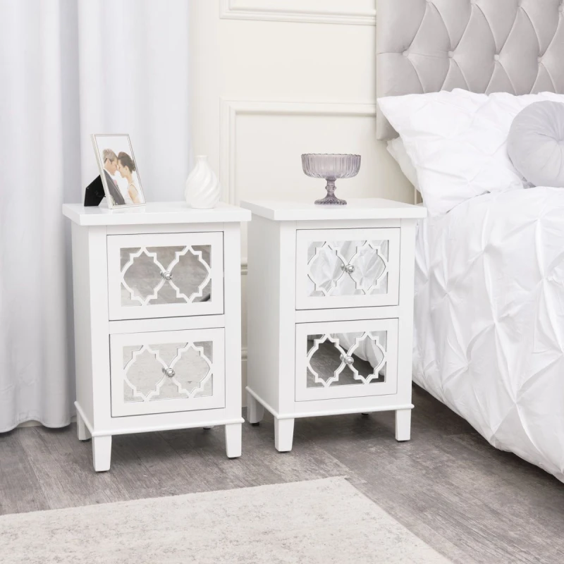 Image of Melody Maison Pair Of White Mirrored Lattice Bedside Tables - Sabrina White Range White