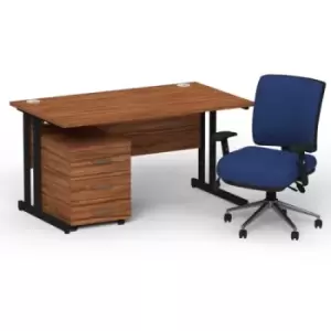 Image of Impulse 1400 x 800 Black Cant Office Desk Walnut + 3 Dr Mobile Ped & Chiro Med Back Blue W/Arms