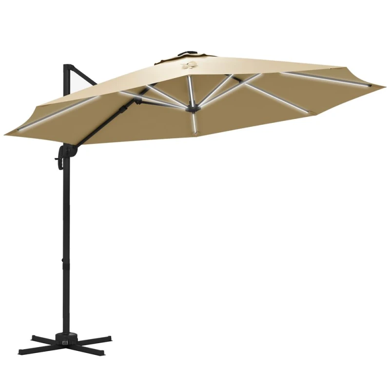 Image of Outsunny 3(m) Solar LED Cantilever Parasol Adjustable Garden Umbrella Khaki - Khaki - Outsunny 84D-110V03KK