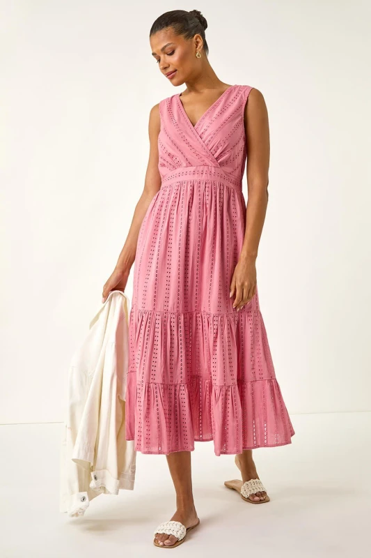 Image of Roman Womens Embroidered V-Neck Midi Dress in Pink Size: 20 Pink Female 20