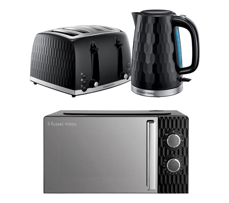 Image of Russell Hobbs Honeycomb Solo Microwave, Jug Kettle & 4-Slice Toaster Bundle - Black 5056233840499