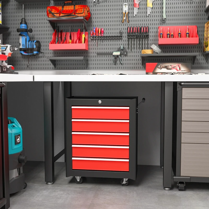 Image of HOMCOM 5-Drawer Tool Chest Steel Lockable Tool Storage Cabinet w/ Wheels Red