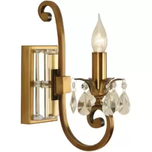 Image of Esher Luxury Single Curved Arm Traditional Wall Light Antique Brass Crystal Drop