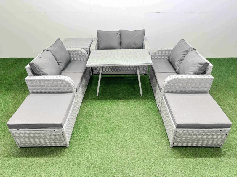 Image of Fimous Rattan Garden Furniture Dining Set 8-Seater Patio Rectangular Table Love Sofa Set With Side Table 2 Big Stools