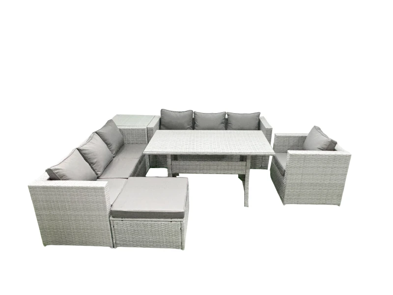 Image of Fimous 6 Pieces Outdoor Rattan Sofa Set with Cushions Patio Garden Furniture Sets with Armchair Dining Table Side Table Big Footstool Light Grey