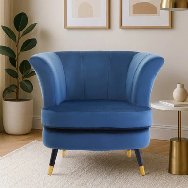 Image of Orsina Midnight Velvet Scalloped Chair, Long-Lasting Scallop Velvet Chair, Body Supportive Scalloped Armchair