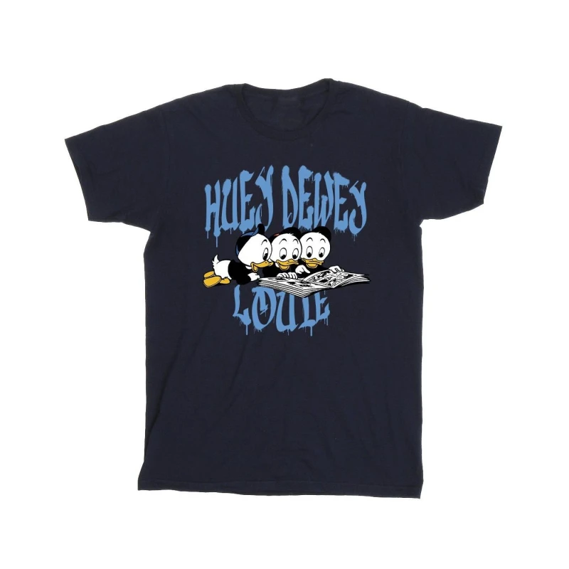 Image of Disney Men Huey Dewey Louie Reading Cotton T-Shirt in Navy Size: Small Navy S Male 5063376474863