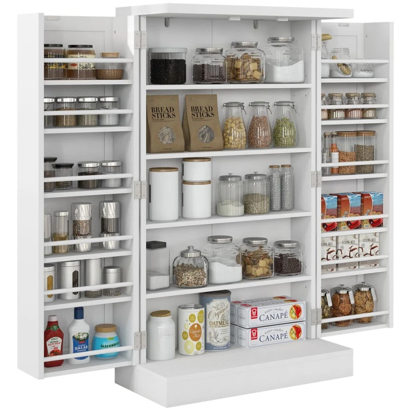 Image of HOMCOM HOMCOM Kitchen Cupboard with Double Doors, 5-Tier Shelf, 12 Spice Racks, White 5056725502270