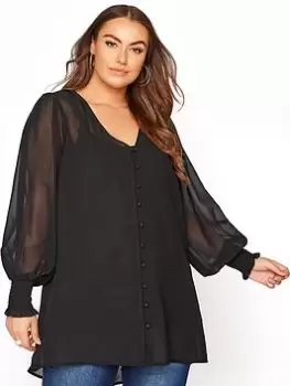 Image of Yours Shirred Cuff Blouse - Black, Size 18, Women