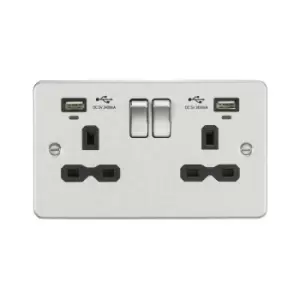 Image of Knightsbridge 13A 2G Switched Socket, dual USB charger (2.4A) with Indicators - Brushed Chrome with Black insert