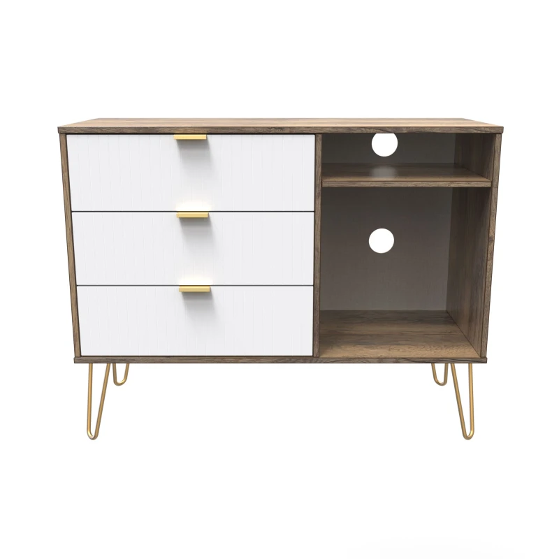 Image of Linear Ready Assembled White Oak Effect Media Unit With 2 Shelves & 3 Drawers, (H)97Cm X (W)74Cm X (D)39.5Cm