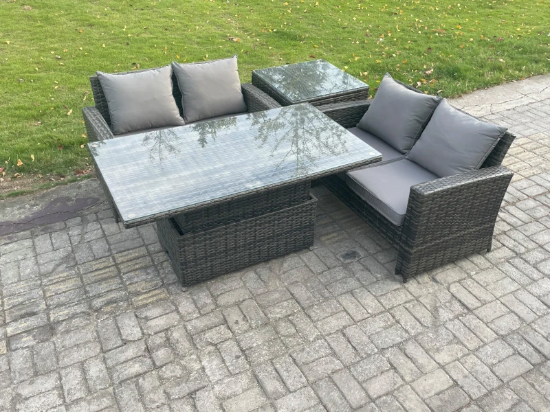 Image of Fimous 4 Pieces Garden Furniture Sets Poly Rattan Outdoor Patio Height Adjustable Rising Lifting Table Sofa Dining Set in Dark Grey Dark Grey Unisex