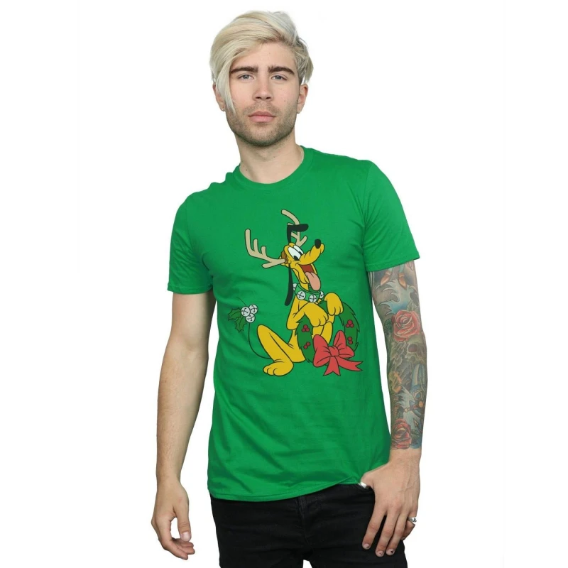 Image of Disney Men Pluto Christmas Reindeer T-Shirt in Green Size: Small Green S Male 5059400324709