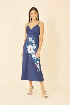 Image of Navy Satin Slip Dress With Floral Design
