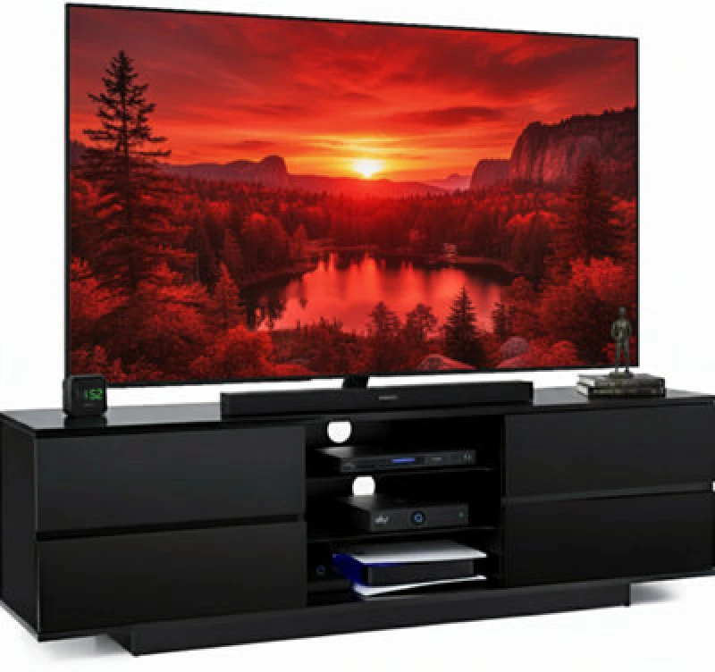 Image of CENTURION SUPPORTS Centurion Supports - Avitus Gloss Black with 4-Black Drawers & 3-Shelf 32'-65' led/ lcd / Plasma tv Stand Avitus Black Black